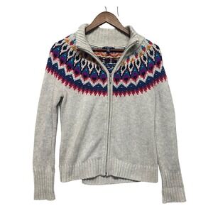 Chaps Denim Womens M Gray Nordic Fair Isle Full Zip Mock Neck Sweater Cable Knit